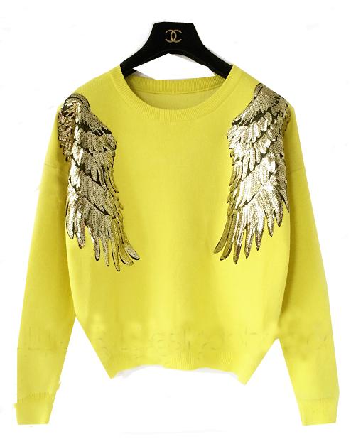 Romwe Sequined Wing Knit Crop Yellow Sweater