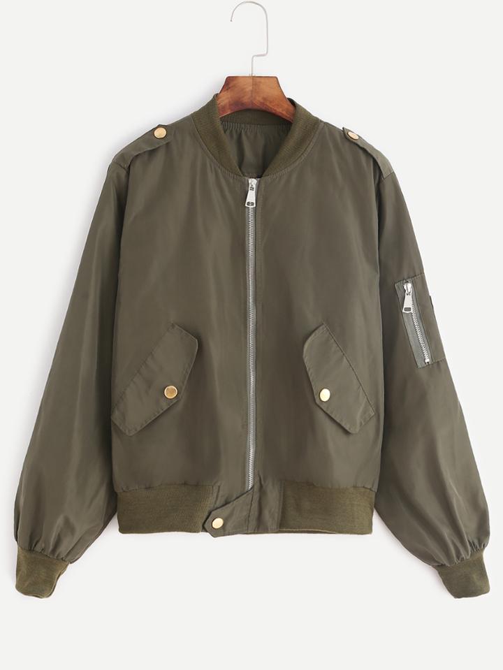 Romwe Army Green Zip Detail Epaulette Bomber Jacket