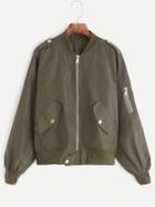 Romwe Army Green Zip Detail Epaulette Bomber Jacket