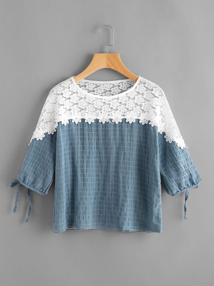 Romwe Tie Cuffs Striped Lace Insert Blouse