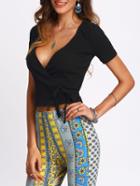 Romwe Deep V Neck Lace Up T-shirt