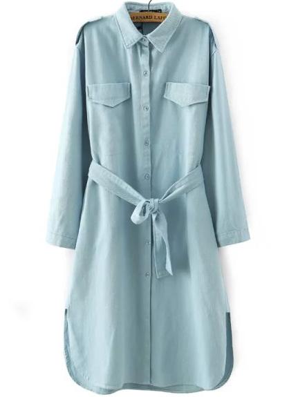 Romwe Lapel Letter Print Slit Self-tie Denim Coat