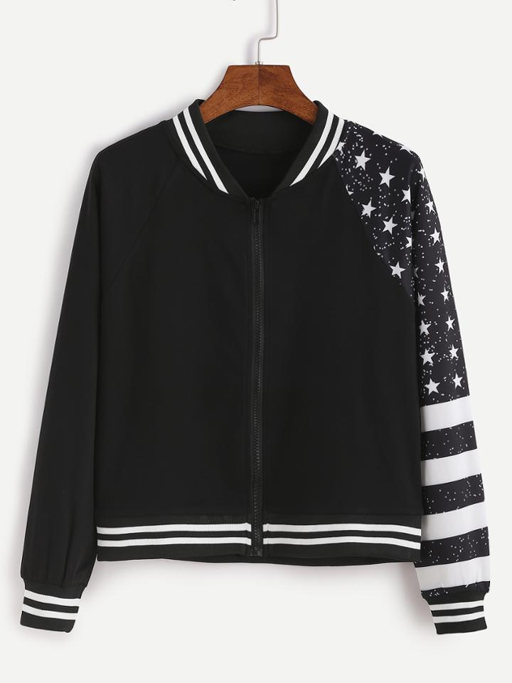 Romwe Black Stars And Striped Print Zipper Jacket