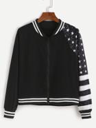 Romwe Black Stars And Striped Print Zipper Jacket