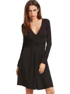 Romwe Black V Neck Long Sleeve Ruched Dress