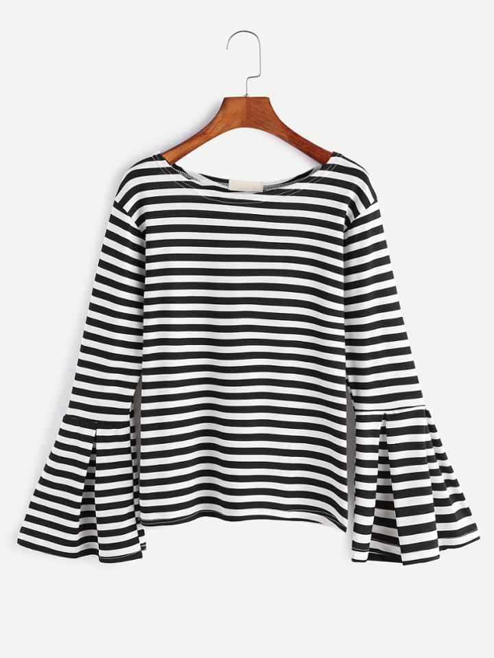 Romwe Black And White Striped Bell Sleeve T-shirt