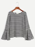 Romwe Black And White Striped Bell Sleeve T-shirt