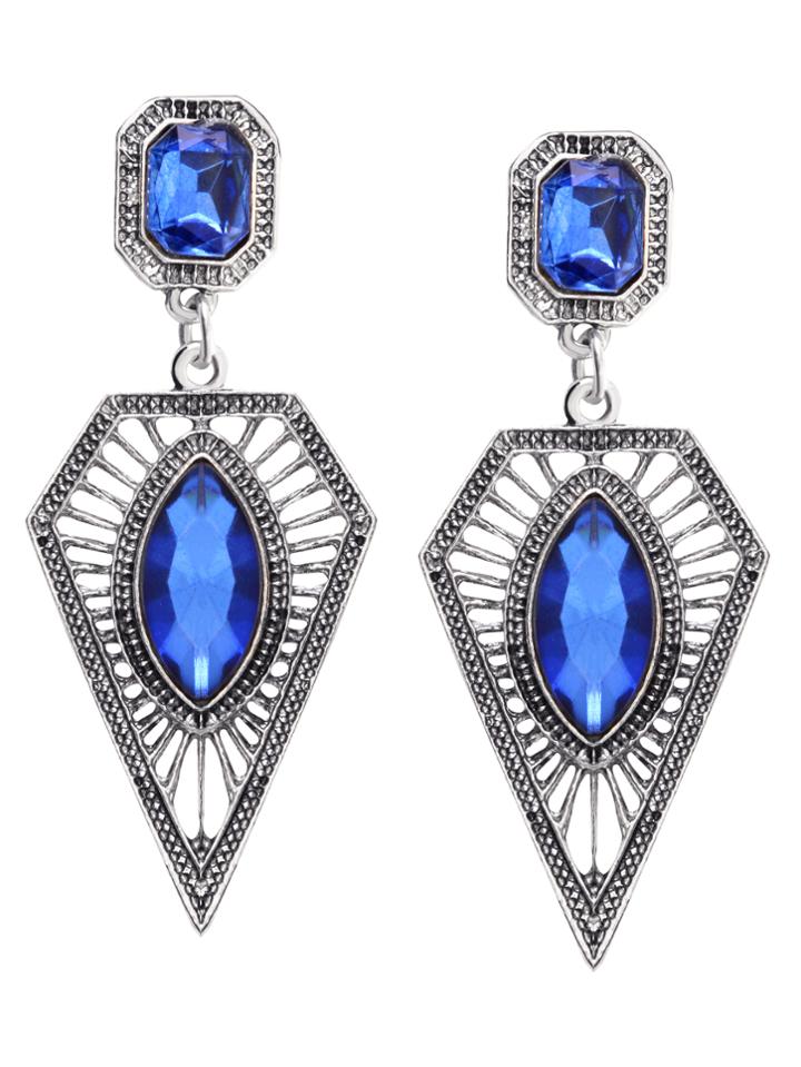 Romwe Blue Rhinestone Geometric Hollow Out Drop Earrings