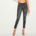 Romwe Button Fly Ripped Skinny Jeans