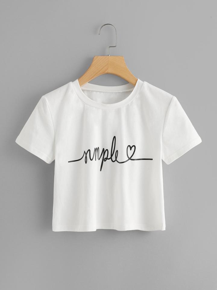 Romwe Simple Letter Print Crop Tee