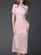Romwe Pink Collar Sheath Split Lace Dress