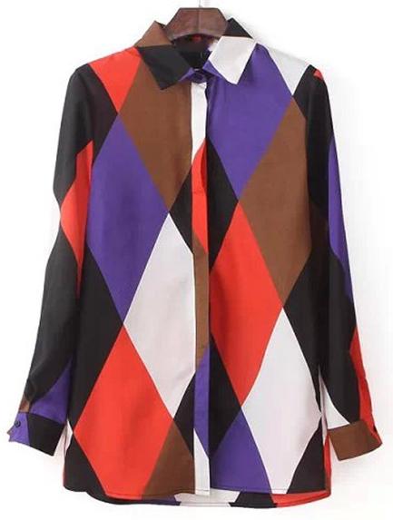Romwe Diamond Print Patchwork Blouse
