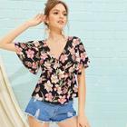 Romwe Bell Sleeve Floral Print Peplum Blouse