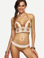 Romwe Color Block Lace-up Hollow Out Crochet Bikini Set