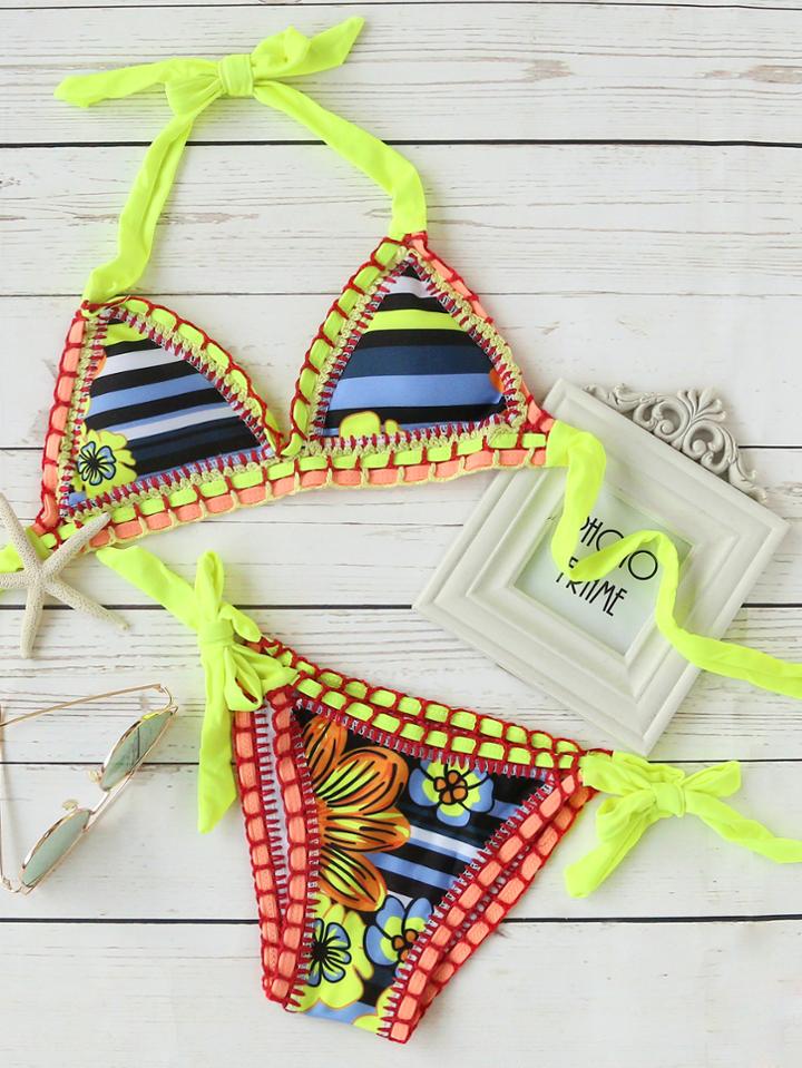 Romwe Multicolor Floral Print Side Tie Halter Bikini Set