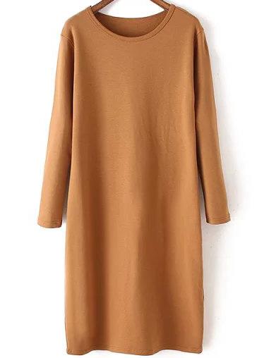 Romwe Long Sleeve Loose Khaki Dress