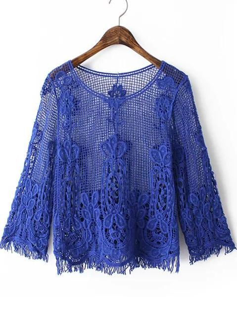 Romwe Blue Round Neck Hollow Lace Blouse