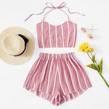 Romwe Button Detail Striped Halter Top With Shorts