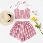 Romwe Button Detail Striped Halter Top With Shorts