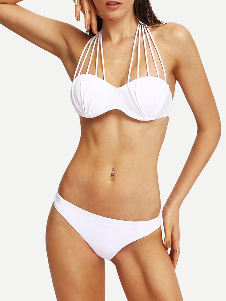 Romwe Strappy Halter Bikini Set - White