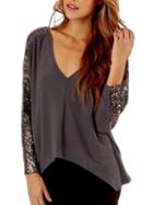 Romwe Grey V Neck Long Sleeve Sequined Loose T-shirt