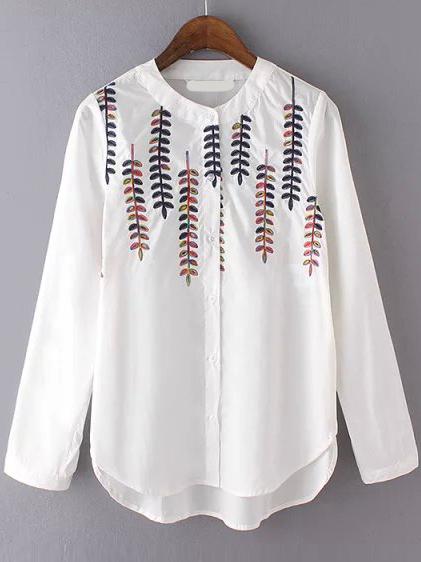 Romwe High Low Willow Embroidered Blouse
