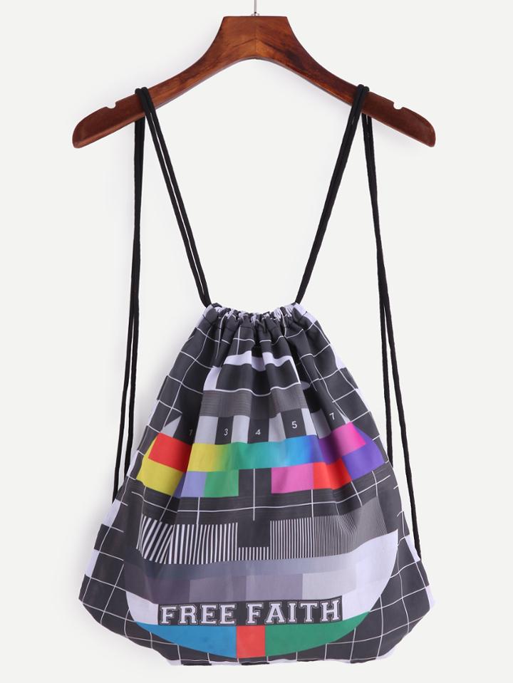 Romwe Black Television Test Pattern Print Drawstring Backpack
