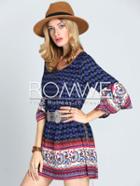 Romwe Multicolor Textured Round Neck Vintage Print Dress