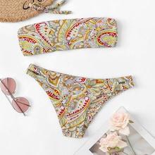 Romwe Random Paisley Print Bandeau With Low Rise Bikini