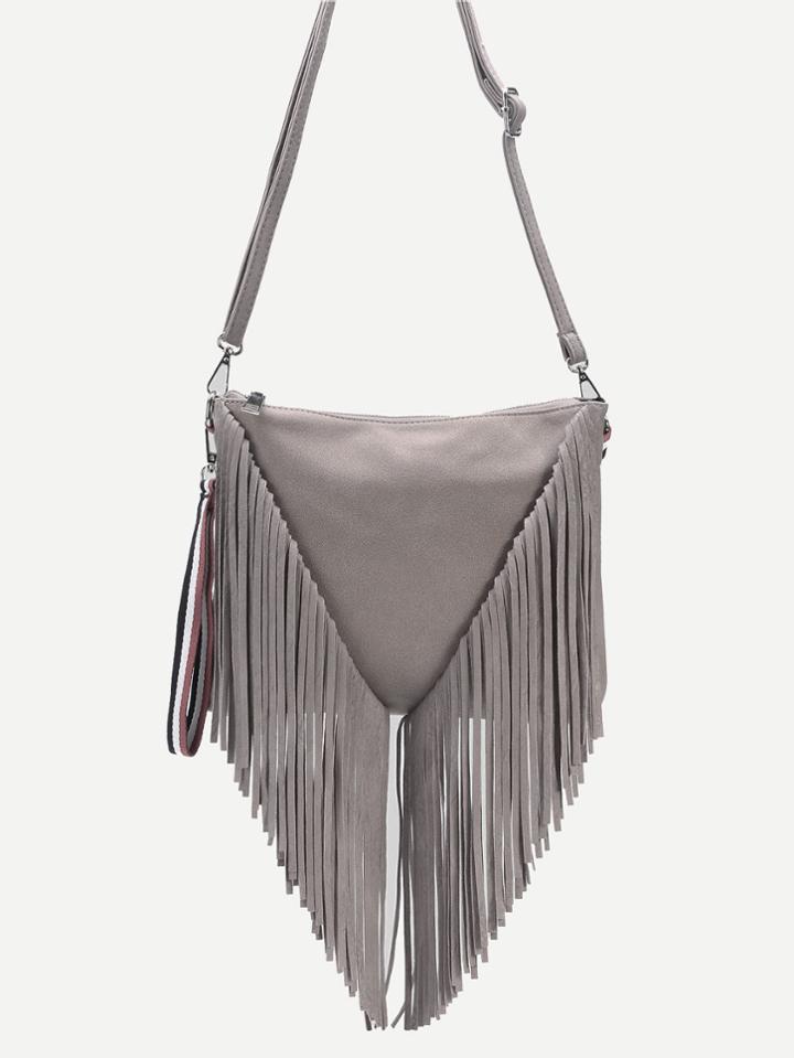 Romwe Grey Pu Tassel Fringe Zip Closure Crossbody Bag
