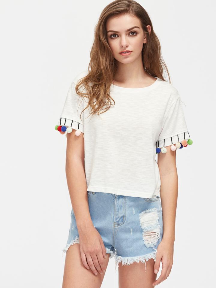 Romwe Pom Pom Trim Slub T-shirt