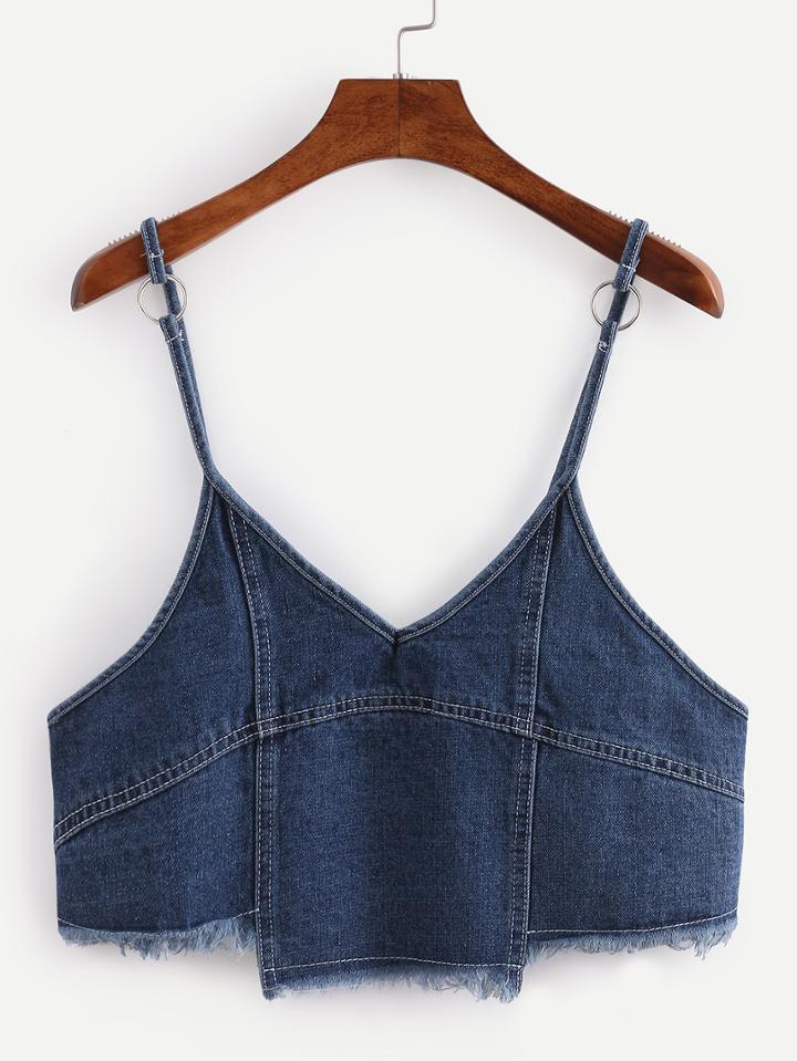 Romwe Raw Hem Crop Blue Denim Cami Top