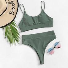 Romwe Plain Top With High Cut Bikini Set