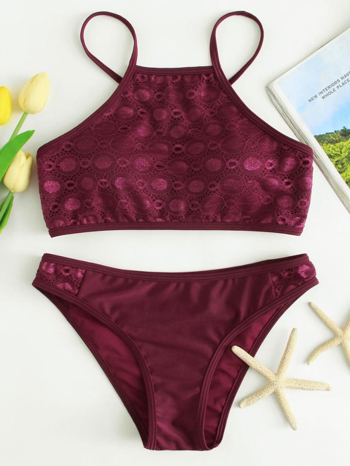 Romwe Lace Crochet Contrast Lace Up Back Bikini Set