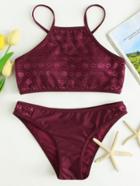 Romwe Lace Crochet Contrast Lace Up Back Bikini Set
