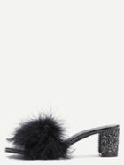 Romwe Black Feather Furry Slides Heeled Slippers