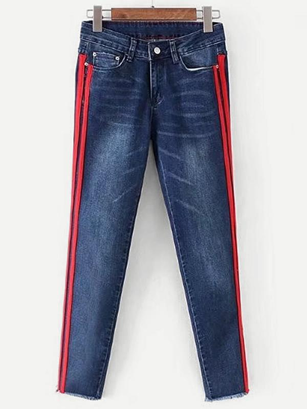 Romwe Contrast Striped Tape Jeans