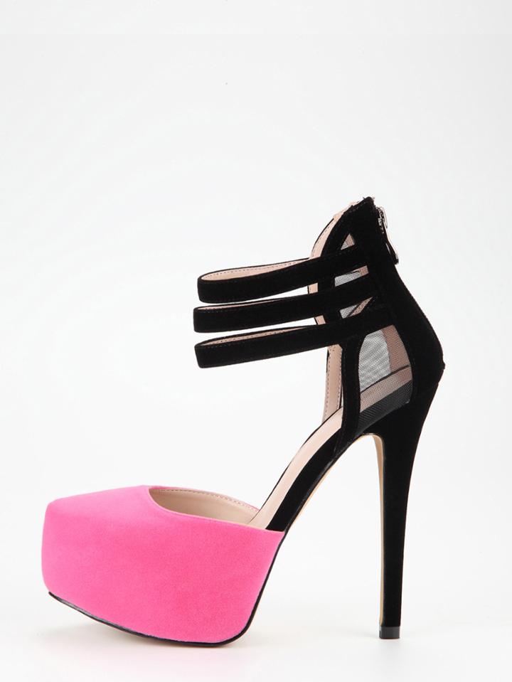 Romwe Black & Pink Mesh Panel D'orsey Platform Heels