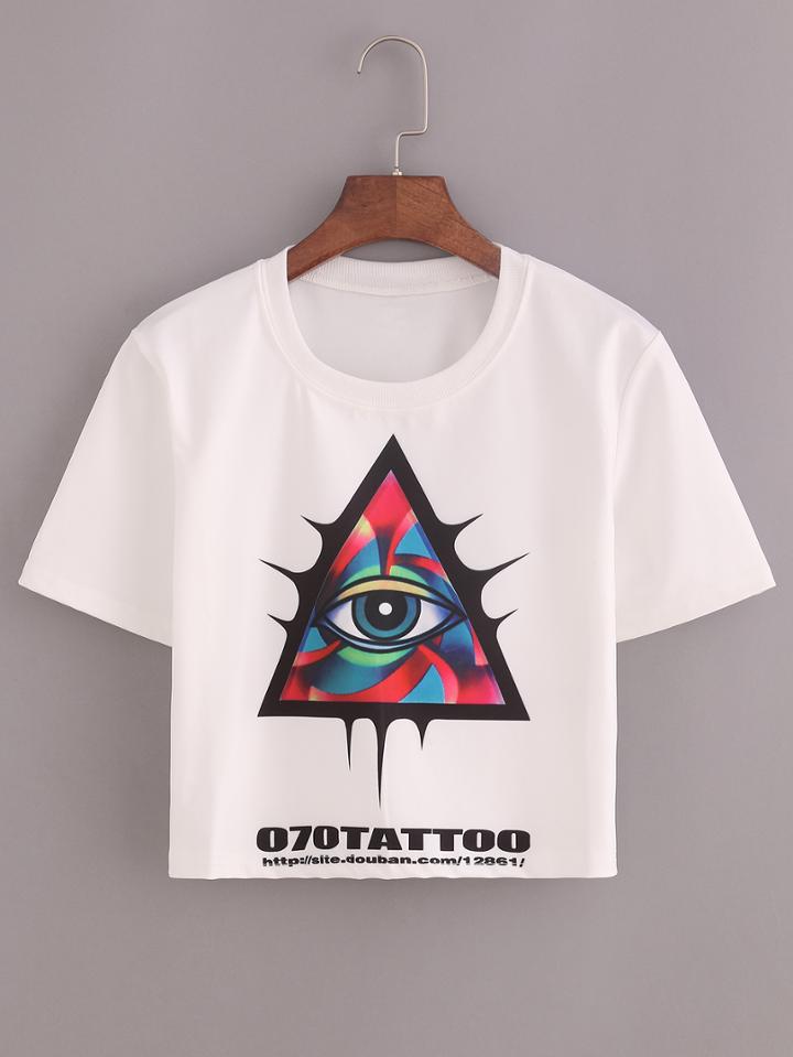 Romwe Triangle Eye Tattoo Print Crop T-shirt