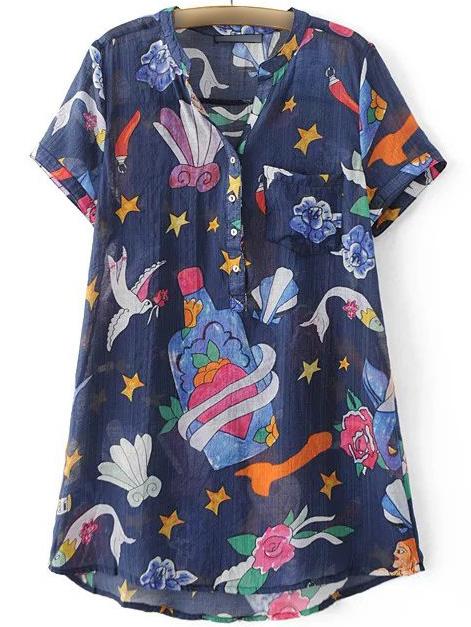 Romwe Navy Short Sleeve Pocket Buttons Front Print Dress