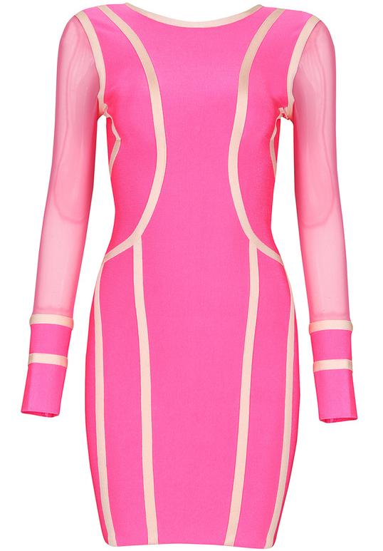 Romwe Pink Mesh Yoke Long Sleeve Bodycon Dress