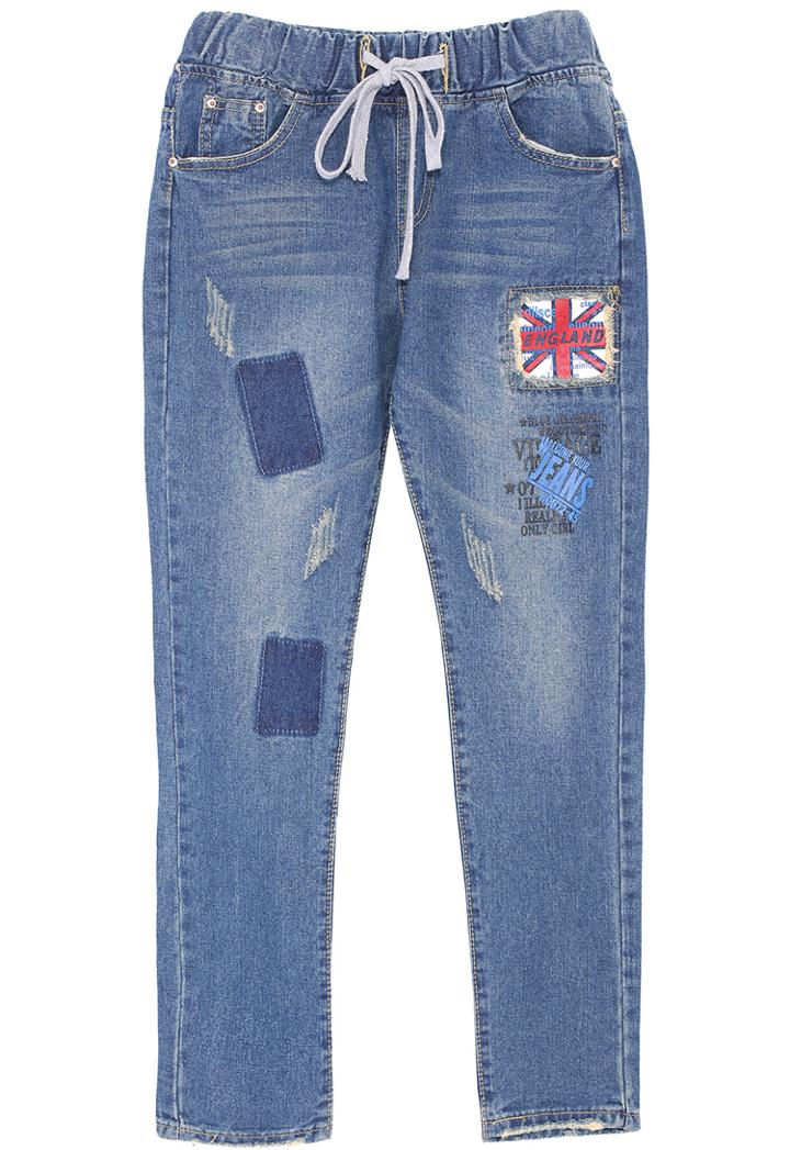 Romwe Flag Blue Drawstring Denim Pant