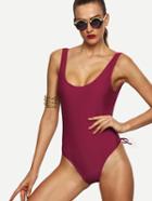 Romwe Burgundy Backless Lace-up One-piece Swimwear