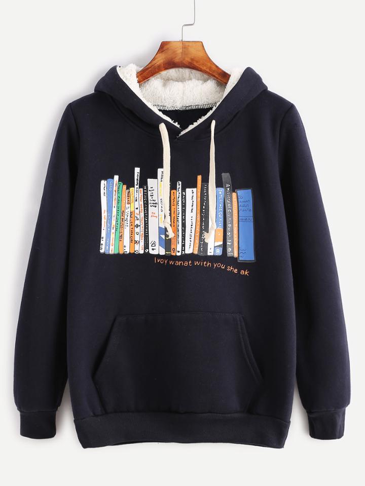 Romwe Navy Printed Drawstring Pocket Sweatshirt With Sherpa Lined Hood