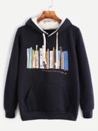 Romwe Navy Printed Drawstring Pocket Sweatshirt With Sherpa Lined Hood