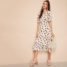 Romwe Strawberry Print Flounce Hem Surplice Wrap Dress