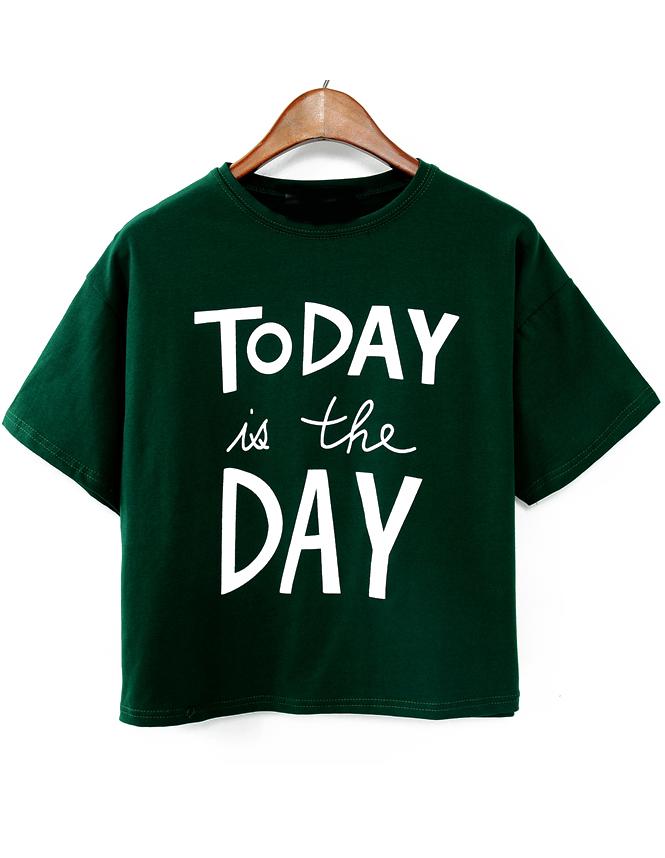 Romwe Letters Print Crop Green T-shirt