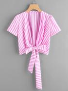 Romwe Striped Bow Tie Front Top