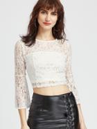 Romwe White Hollow Out Lace Keyhole Back Crop Blouse