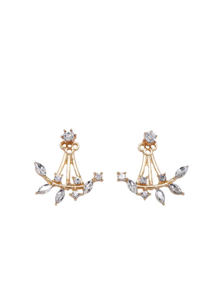 Romwe Gold Plated Leaf Crystal Double Sided Swing Stud Earrings